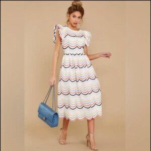 NWOT Just Me White Chevron Eyelet Midi Dress Size Medium